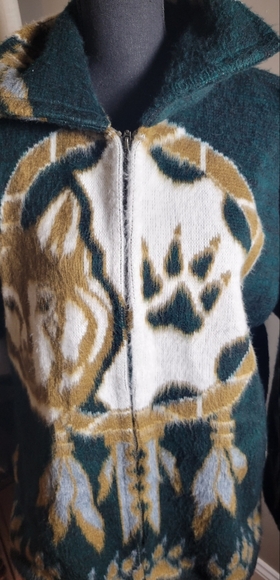 VINTAGE YARINA WOOL WOLF PRINT ZIP UP CARDIGAN - Picture 1 of 12